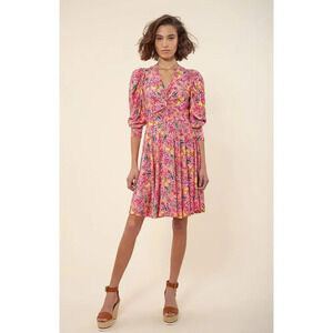 Hale Bob Size XS Manila Jersey Dress Pink Floral Twist Front Balloon Sleeve‎